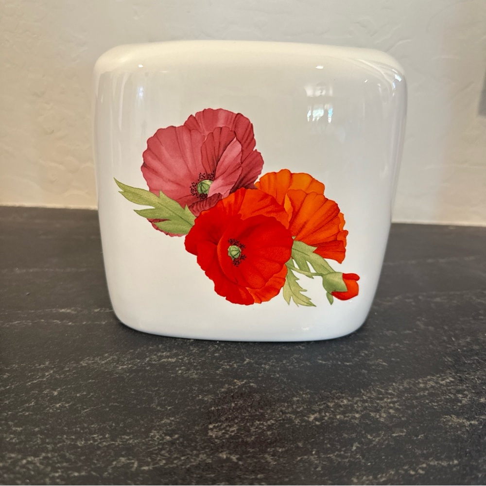 Bed Bath & Beyond White and Red Ceramic Vase with Floral Accents